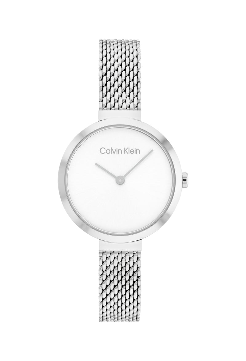 Calvin Klein Ladies Minimalistic T-Bar 28mm White Dial Mesh Bracelet Watch