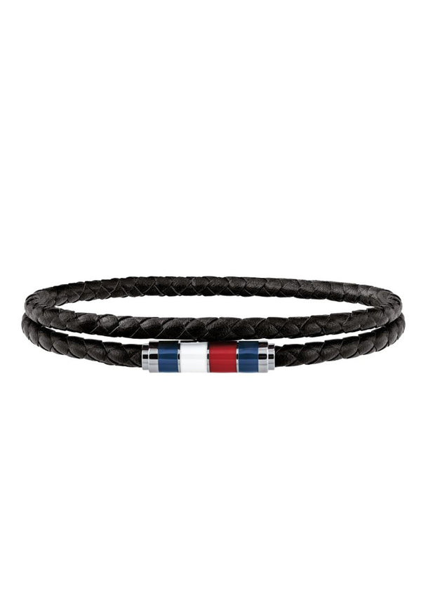 Tommy Hilfiger Black Leather Double Wrap Bracelet Stainless Steel