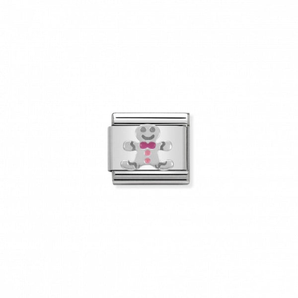 Nomination Composable charm featuring a stainless steel gingerbread man with pink accents.
