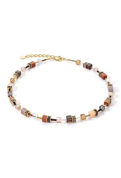 Coeur De Lion Geocube Goldstone, Smokey Quartz, Agate Necklace Gold Plated