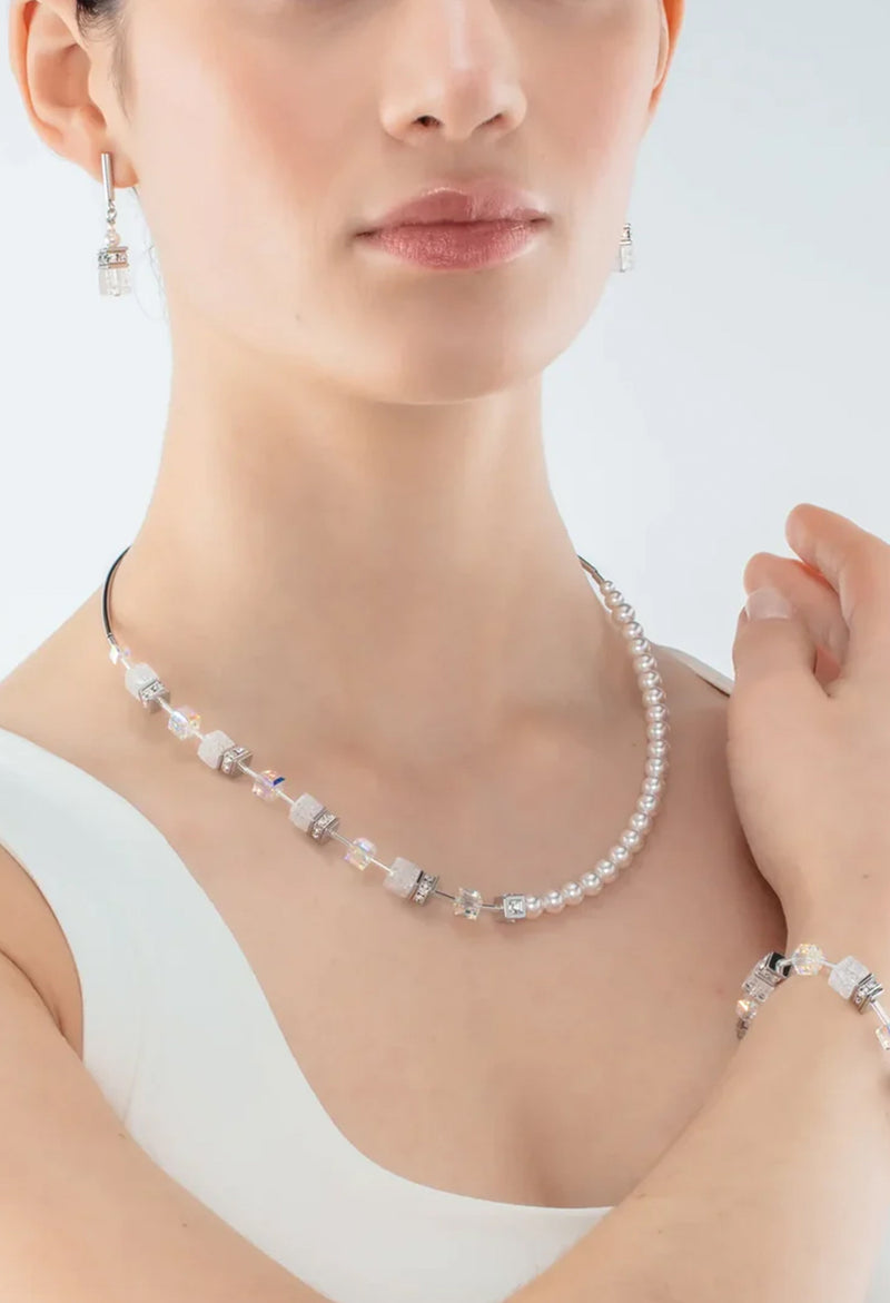 Coeur De Lion GeoCube Fusion Rock Crystal & Pearl Necklace Stainless Steel