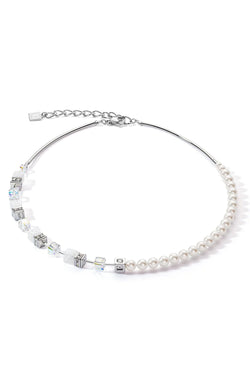 Coeur De Lion GeoCube Fusion Rock Crystal & Pearl Necklace Stainless Steel