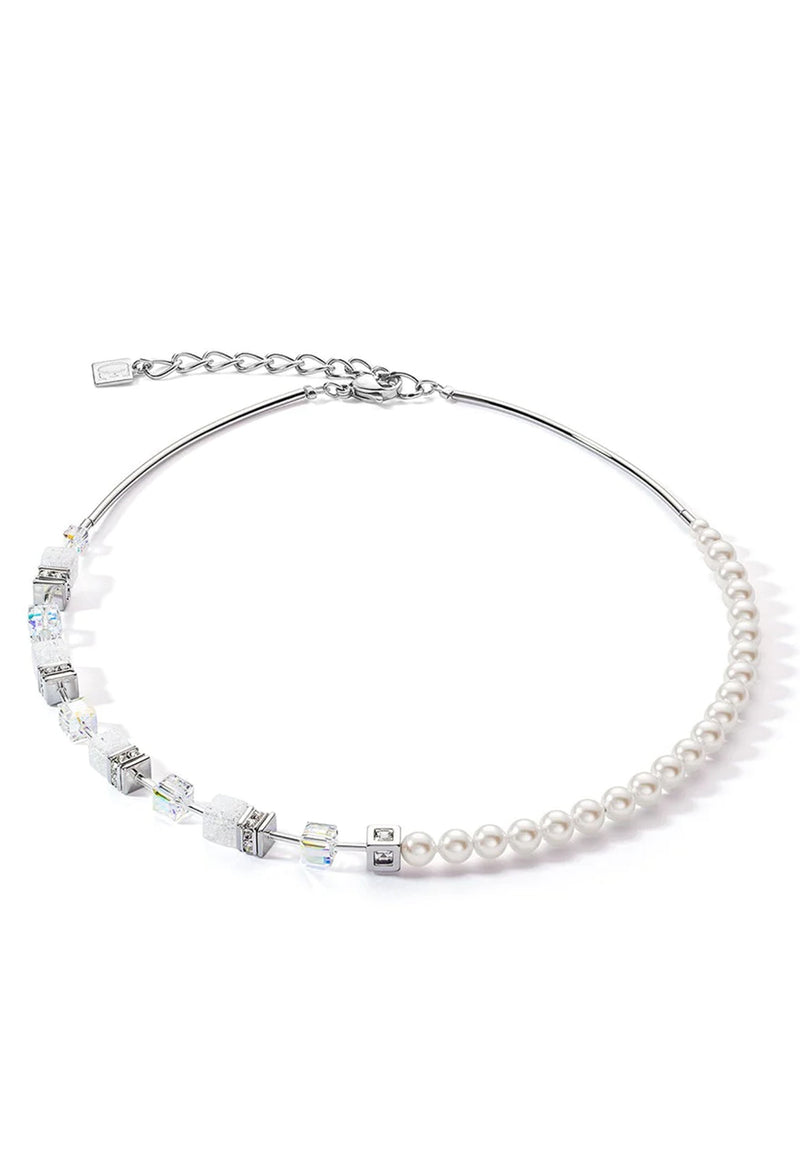 Coeur De Lion GeoCube Fusion Rock Crystal & Pearl Necklace Stainless Steel