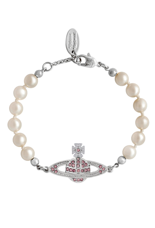 Vivienne Westwood Light Rose Crystal Mini Bas Relief Pearl Bracelet Platinum Plated