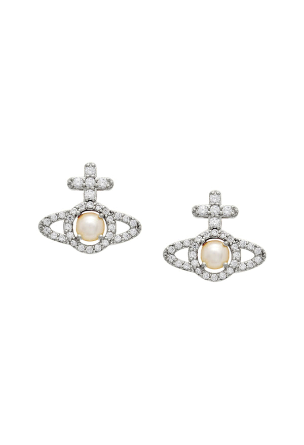 The Vivienne Westwood Olympia Pearl Earrings, a white platinum-plated earrings from Vivienne Westwood, available at OD’s Jewellers in St Helens.