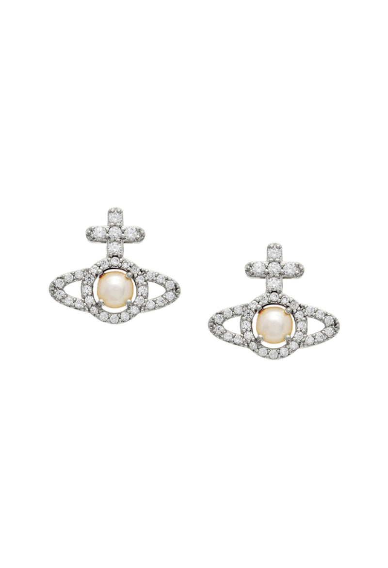 The Vivienne Westwood Olympia Pearl Earrings, a white platinum-plated earrings from Vivienne Westwood, available at OD’s Jewellers in St Helens.