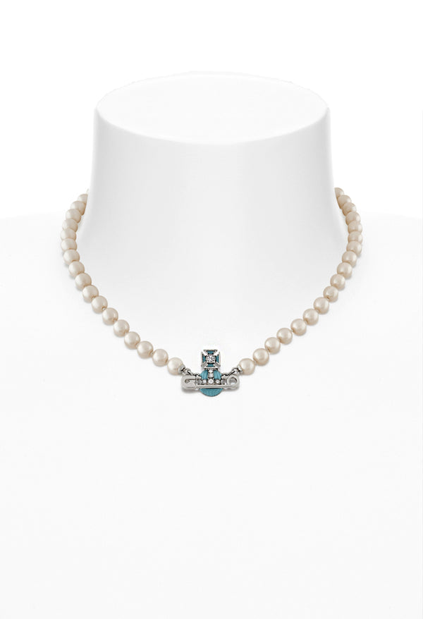 Vivienne Westwood Aqua Bohemica Enamel Kitty Pearl Necklace Platinum Plated