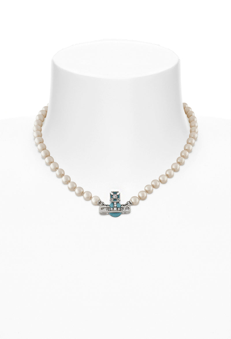 Vivienne Westwood Aqua Bohemica Enamel Kitty Pearl Necklace Platinum Plated