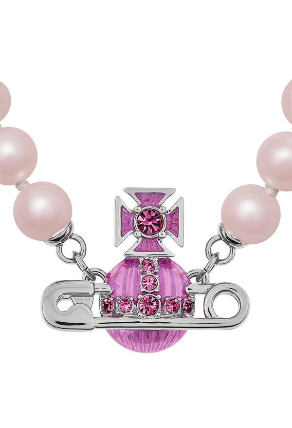 Vivienne Westwood Kitty Pink Crystal & Enamel Pearl Necklace Platinum Plated