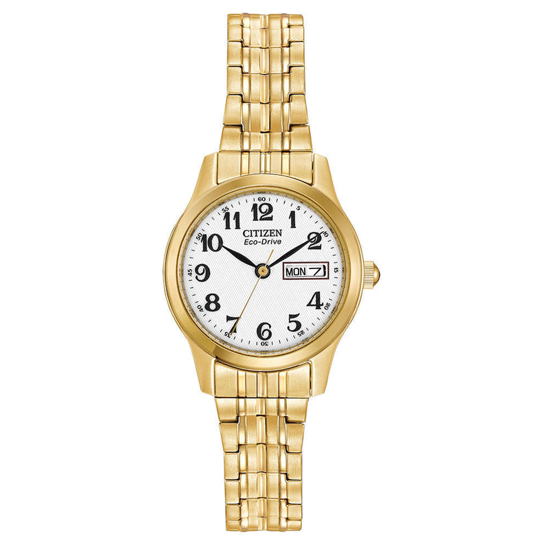 The Citizen Ladies Eco-Drive White Arabic Dial Expanding Bracelet Watch, a gold-tone metal watch from Citizen, available at OD’s Jewellers in St Helens.