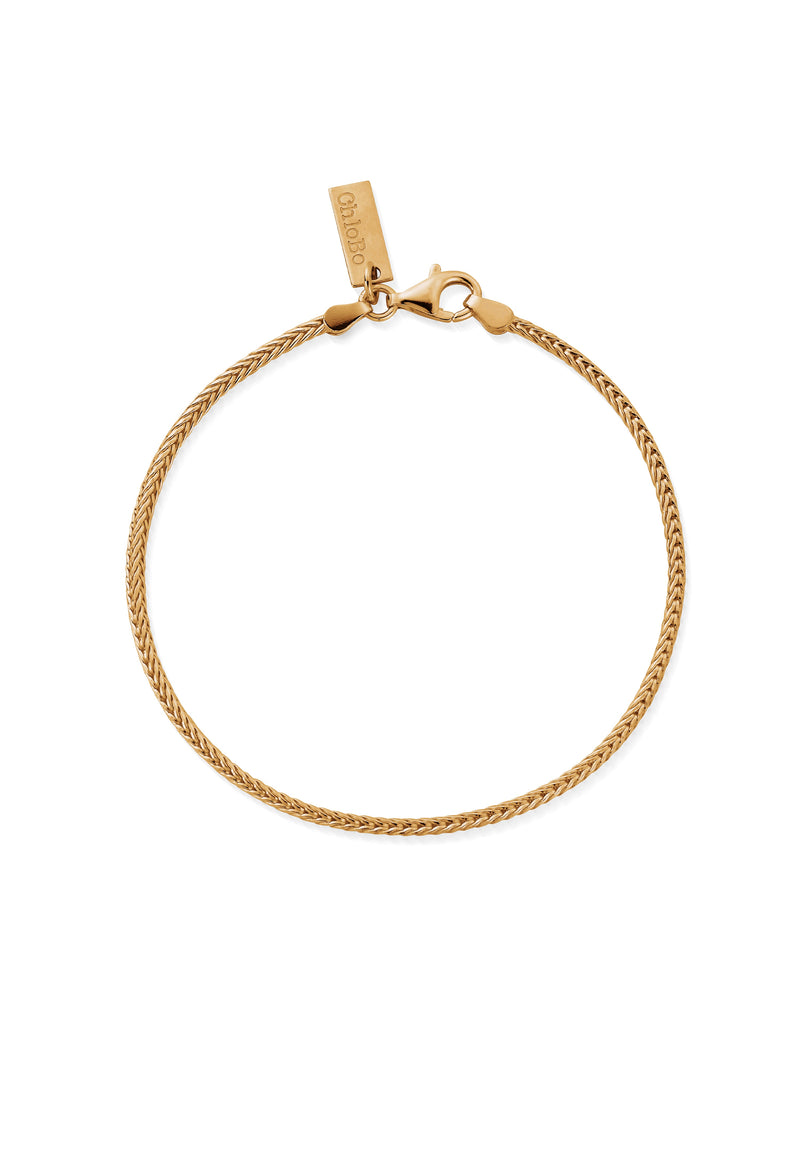 ChloBo gold-plated foxtail bracelet for men, showcasing the fine woven design and lobster clasp closure.