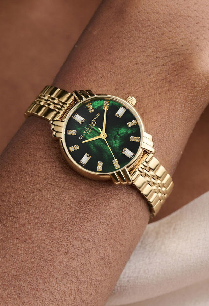 Olivia Burton Ladies Art Deco Green Dial Watch Gold Plated