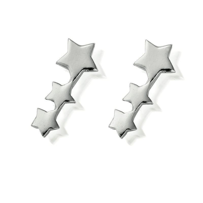 ChloBo Shooting Star Earrings, featuring 3 sterling silver stars cascading down the ear, a celestial-inspired design.
