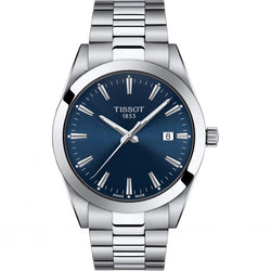 Tissot Gentleman watch featuring a blue dial, stainless steel bracelet, date display at 3 o'clock, showcasing Swiss