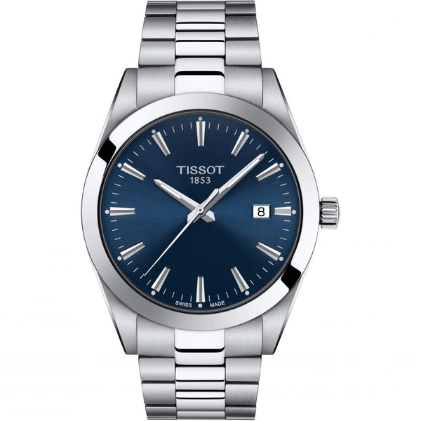 Tissot Gentleman watch featuring a blue dial, stainless steel bracelet, date display at 3 o'clock, showcasing Swiss