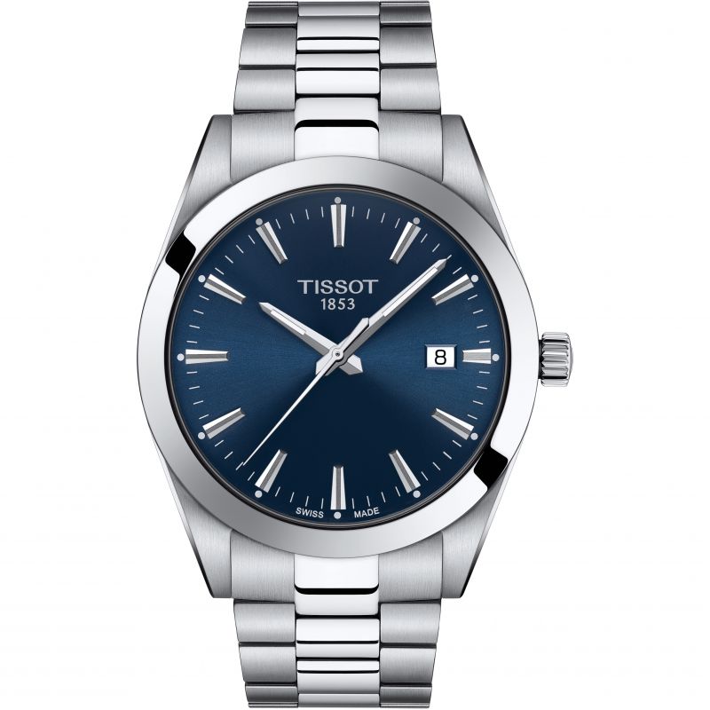 Tissot Gentleman watch featuring a blue dial, stainless steel bracelet, date display at 3 o'clock, showcasing Swiss