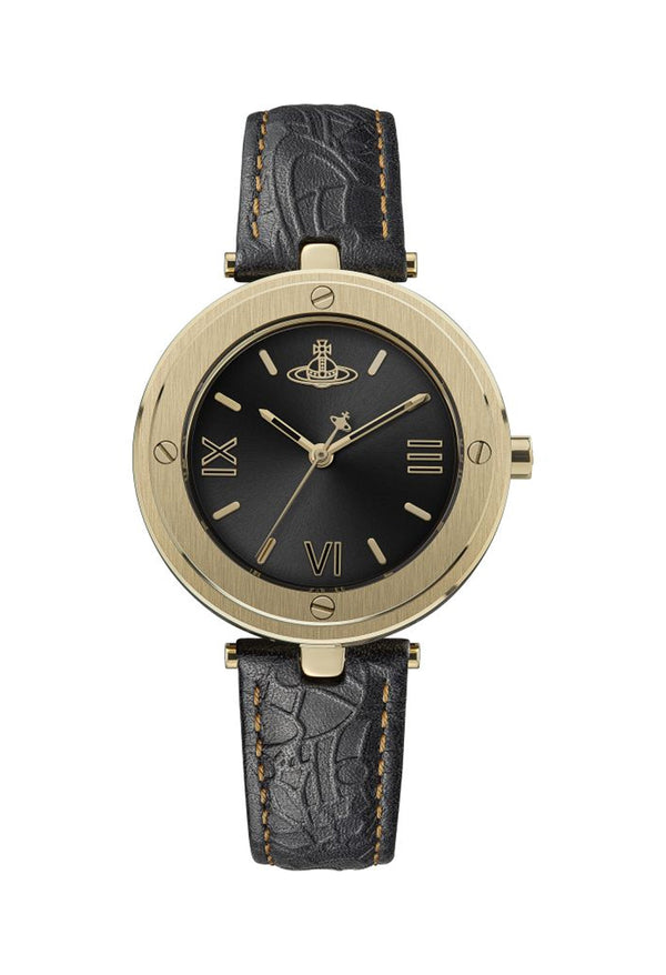Vivienne Westwood Ladies Whitehall Black Dial Strap Watch Gold Plated