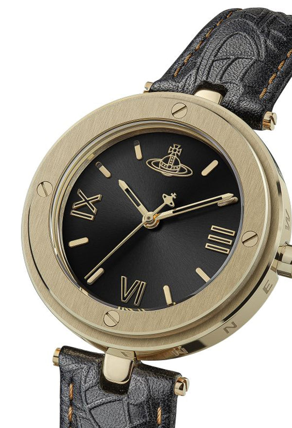 Vivienne Westwood Ladies Whitehall Black Dial Strap Watch Gold Plated