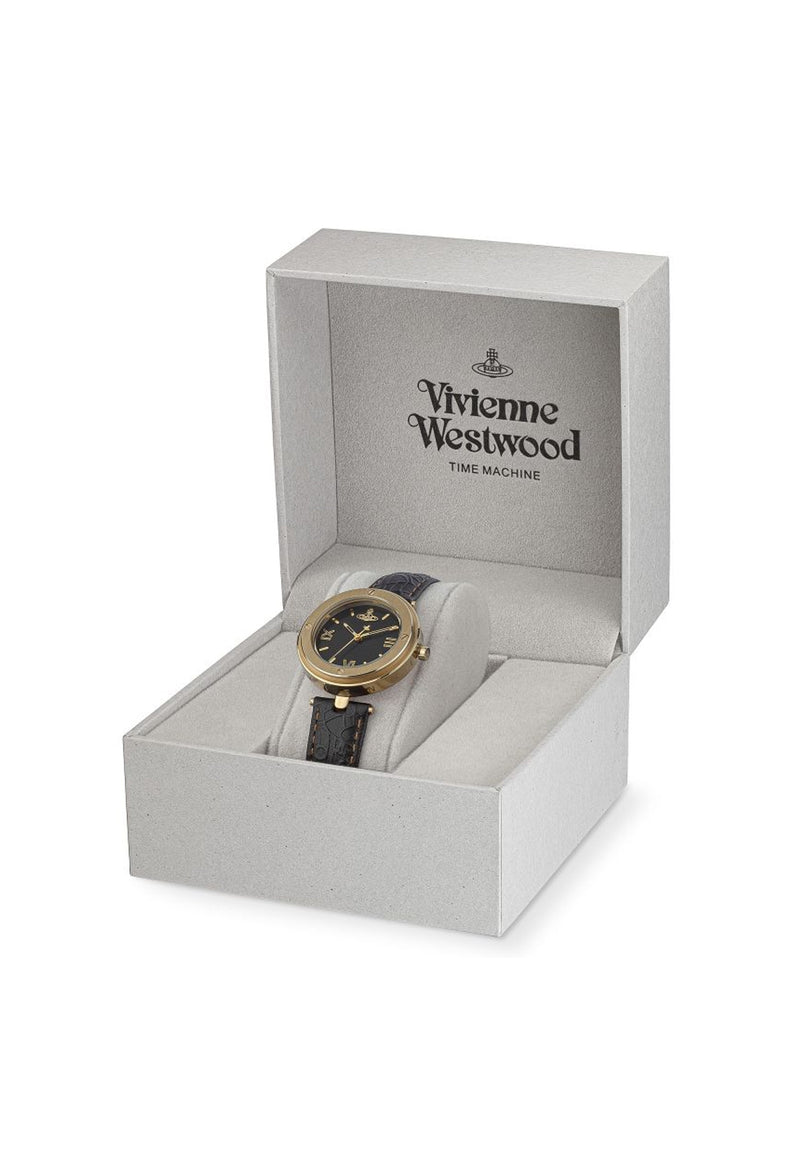 Vivienne Westwood Ladies Whitehall Black Dial Strap Watch Gold Plated